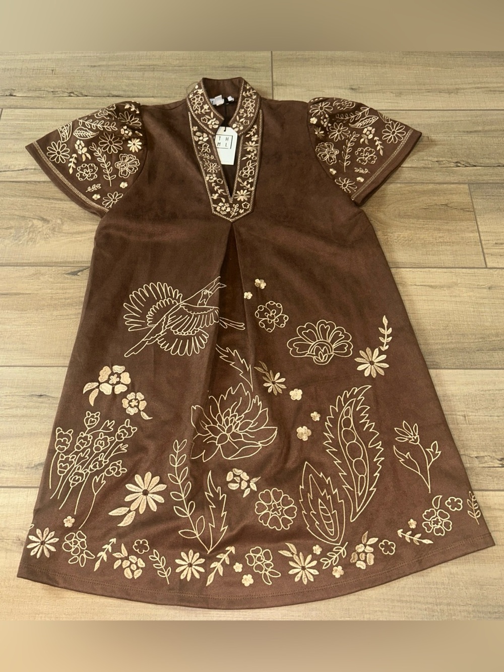 Thml Anthropologie Shift Dress Embroidered Floral Faux Suede Cowgirl Boho Brown